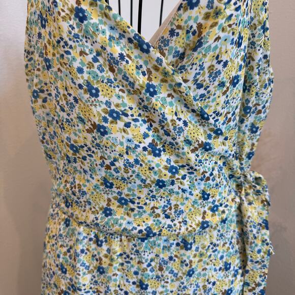 Altar'd State Yellow/Blue Floral Ruffle Faux Wrap V-Neck Cottage Maxi Dress- L - Picture 3 of 11